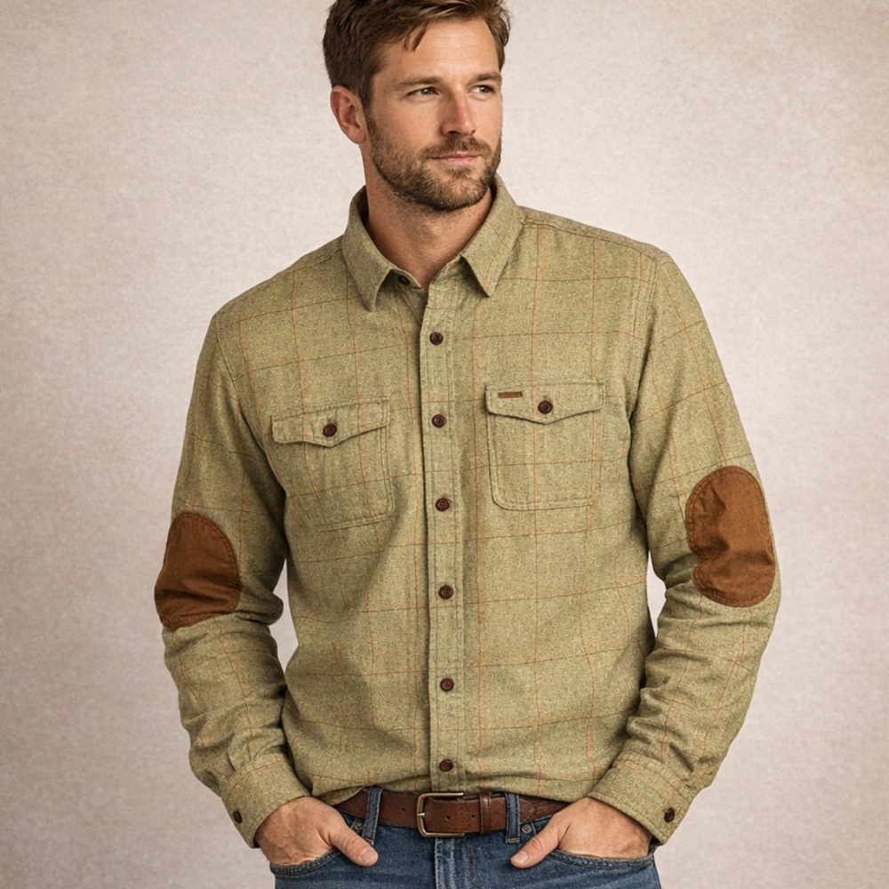 Orvis Green Checkered Shirt Brown Patch Button Down Flannel Shirt (XXL)